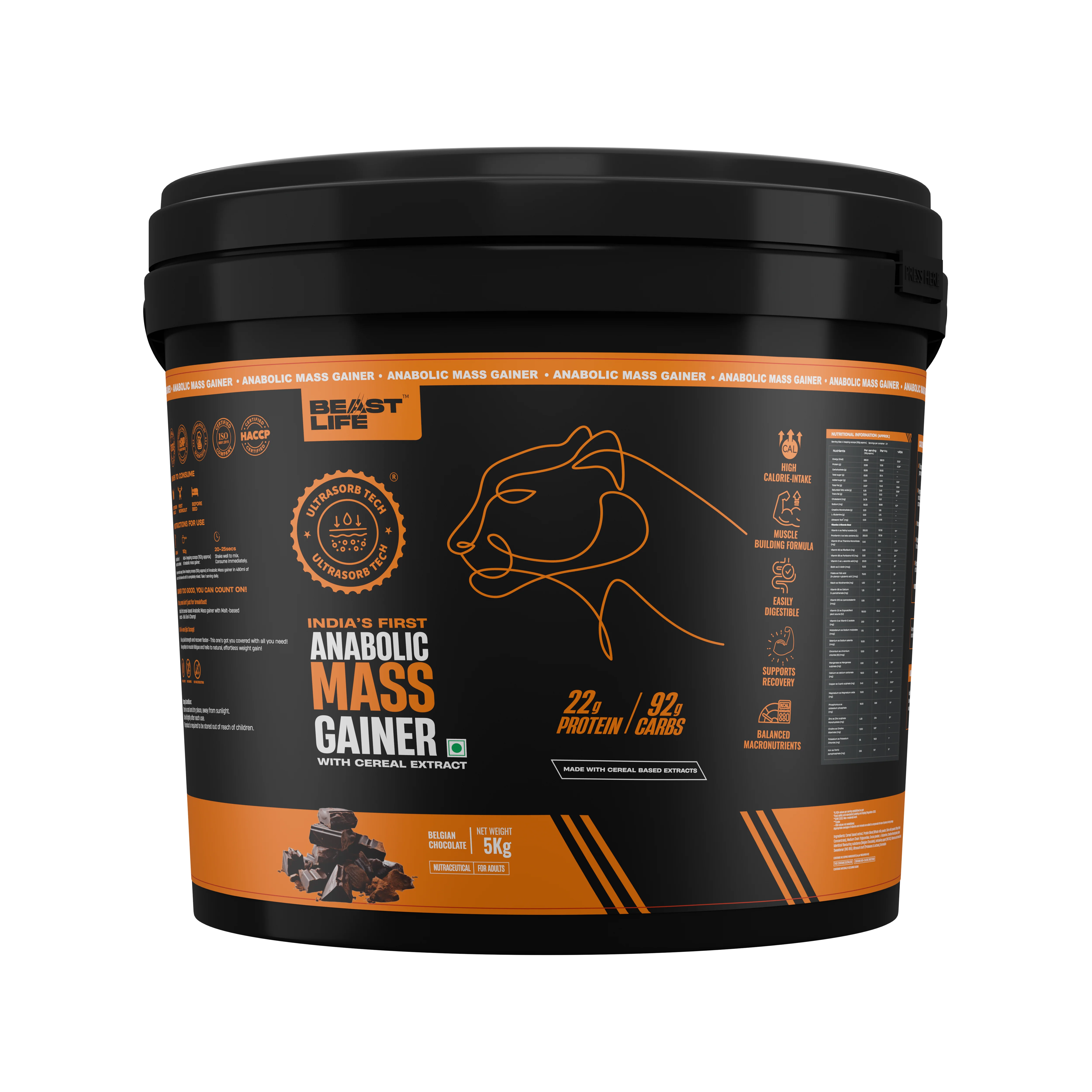 Anabolic Mass Gainer with Ultrasorb Tech | No Maltodextrin | Belgian Chocolate | 5 kg with Free Creatine - Image 11