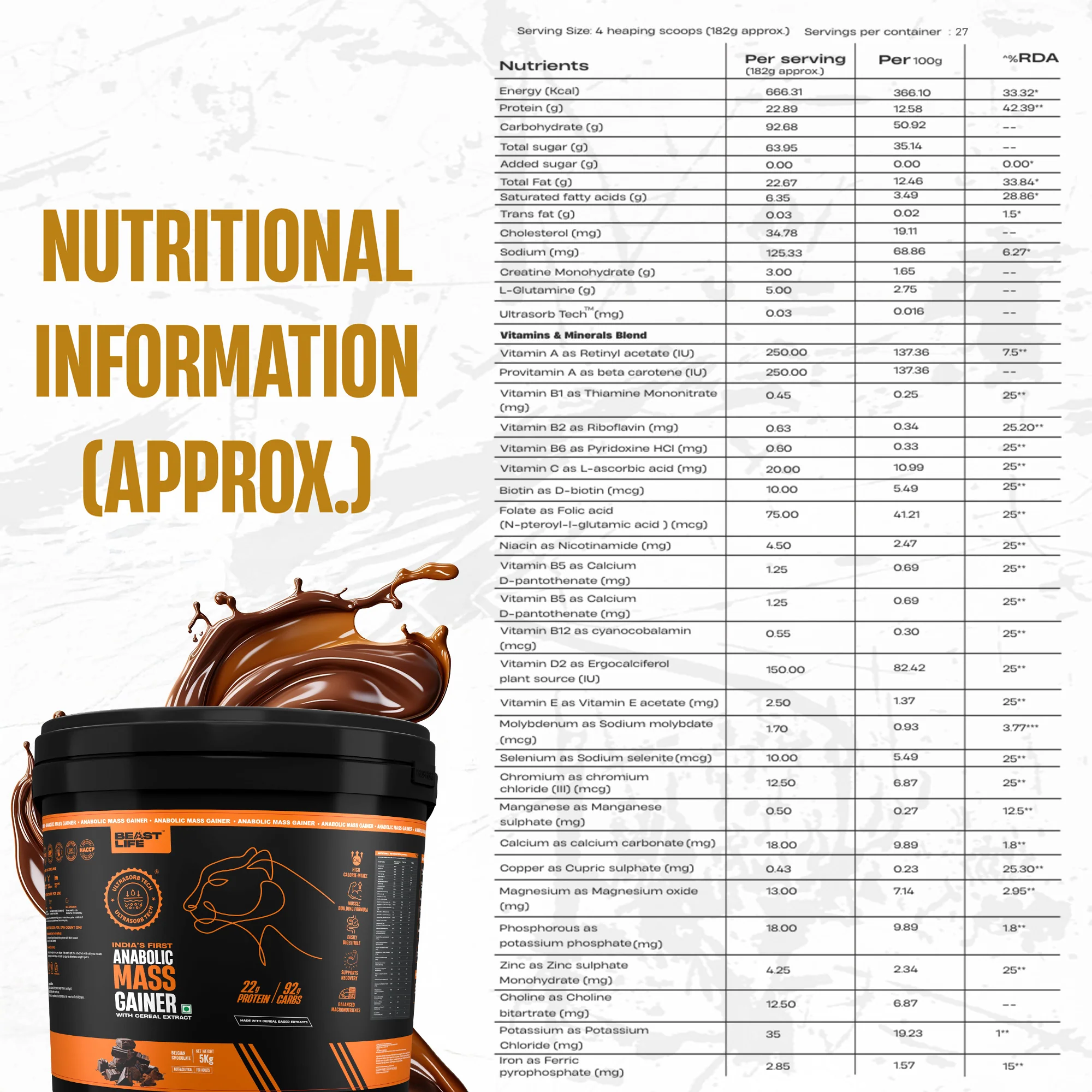 Anabolic Mass Gainer with Ultrasorb Tech | No Maltodextrin | Belgian Chocolate | 5 kg with Free Creatine - Image 8