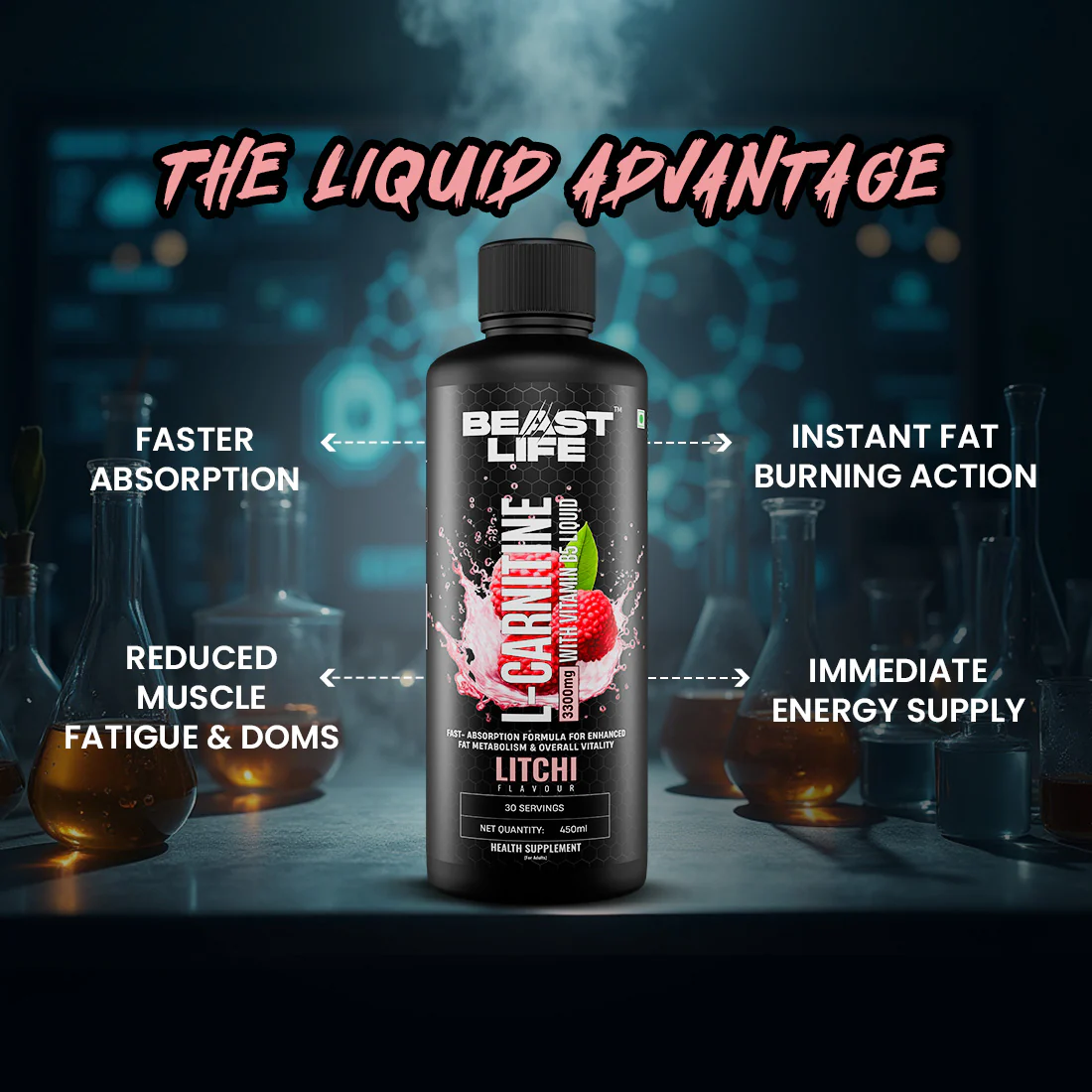 L-Carnitine with Vitamin B5 3300 mg | Triple Strength Formula | Litchi | 450 ml - Image 4