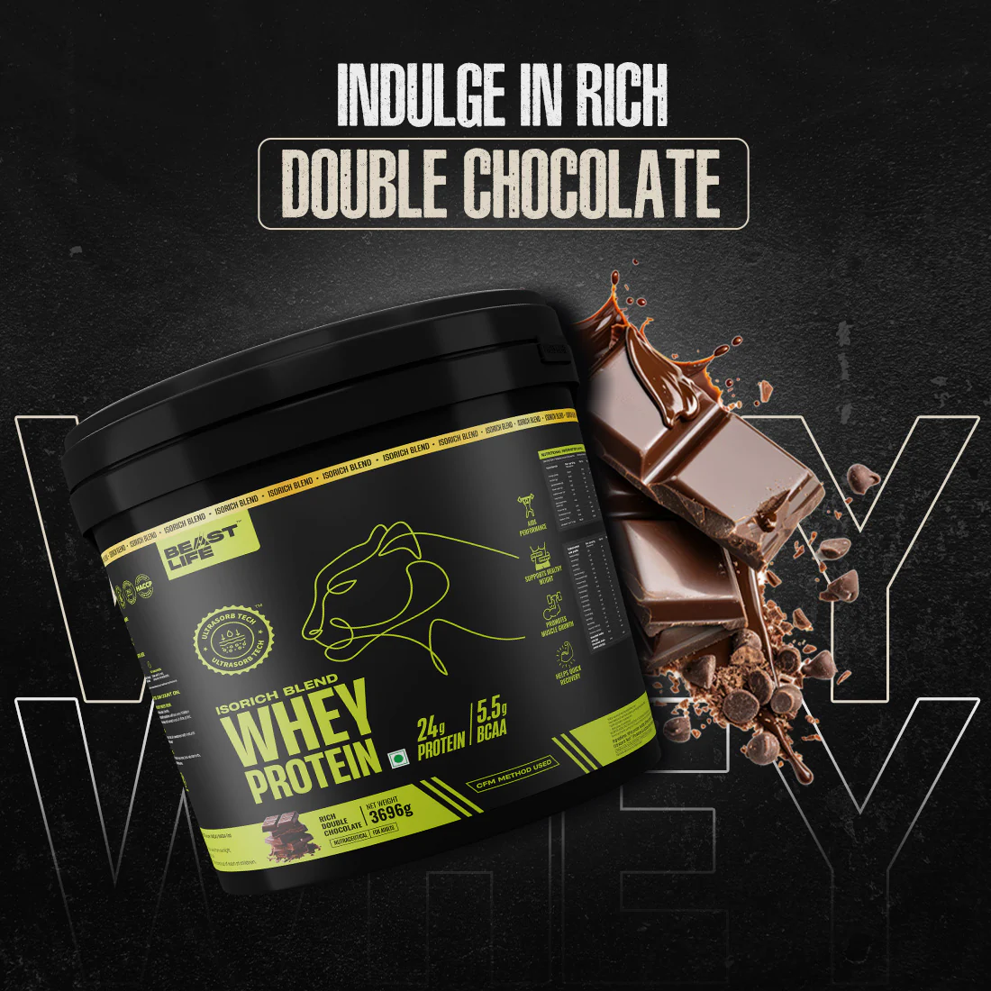 Isorich Blend Whey Protein with Ultrasorb Tech | Chocolate | Free Gym Bag and Shaker | 3.696 kg - Image 3