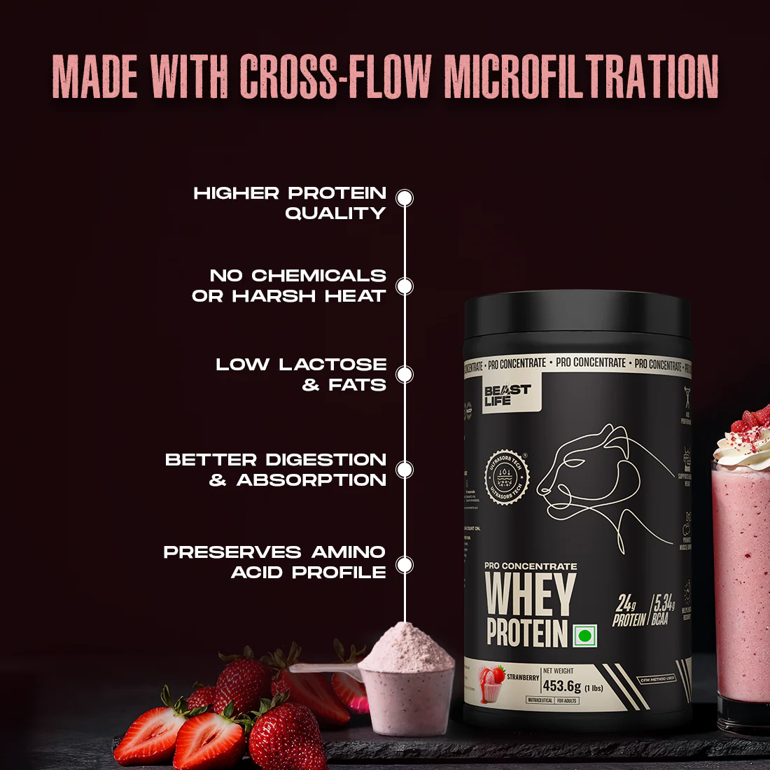 Pro Concentrate Whey Protein with Ultrasorb Tech | Strawberry | 453.6 g - Image 4
