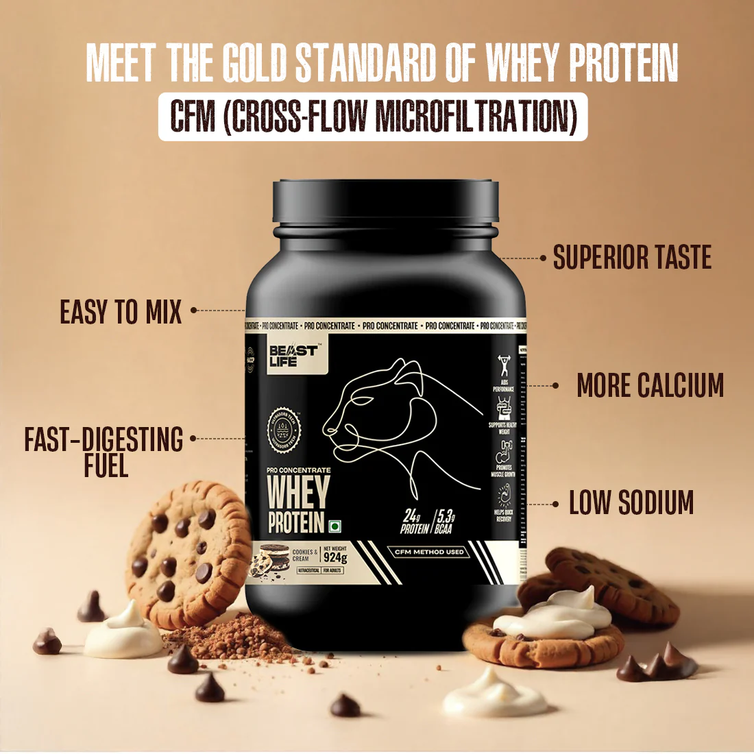 Pro Concentrate Whey Protein with Ultrasorb Tech | Cookies & Cream | 924 g - Image 6